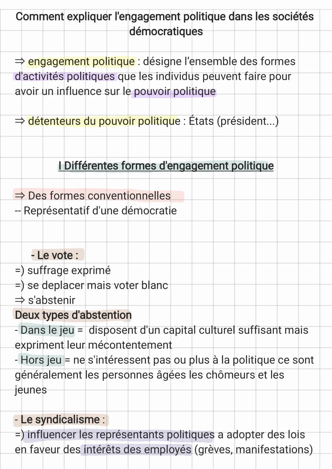 Comment expliquer l'engagement politique dans les sociétés
démocratiques
⇒ engagement politique : désigne l'ensemble des formes.
d'activités