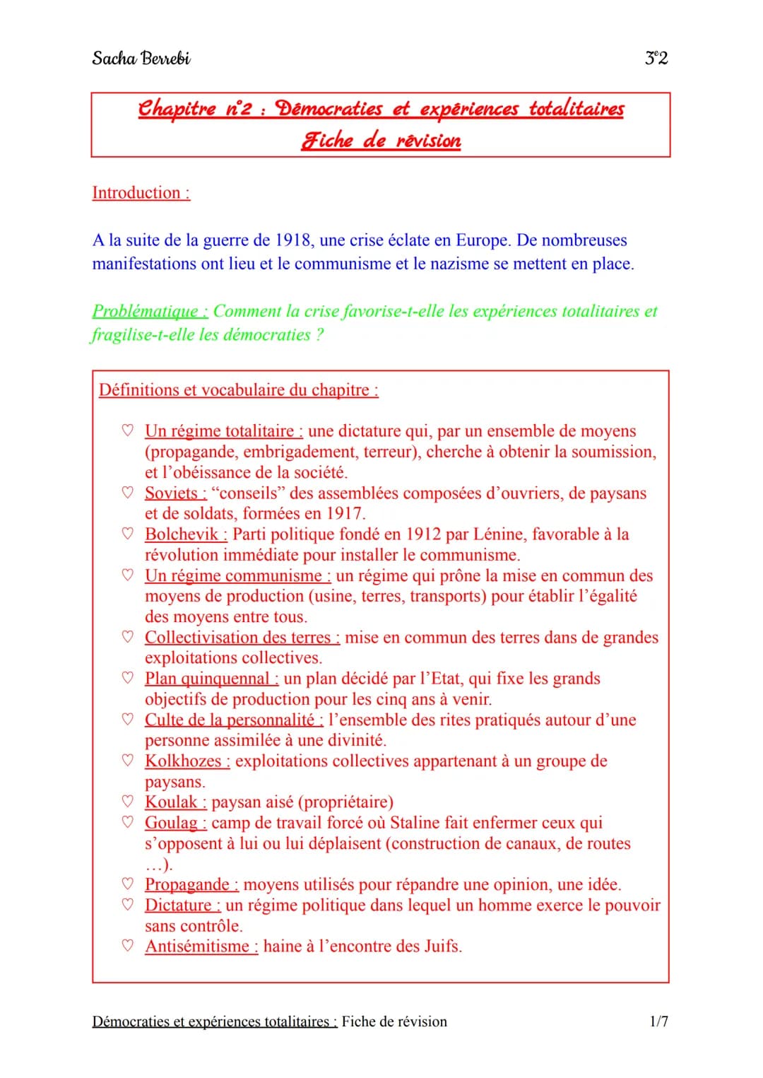 Sacha Berrebi
Chapitre nº2 : Démocraties et expériences totalitaires
Fiche de révision
Introduction:
A la suite de la guerre de 1918, une cr