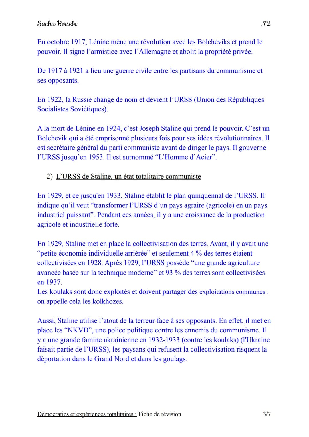 Sacha Berrebi
Chapitre nº2 : Démocraties et expériences totalitaires
Fiche de révision
Introduction:
A la suite de la guerre de 1918, une cr