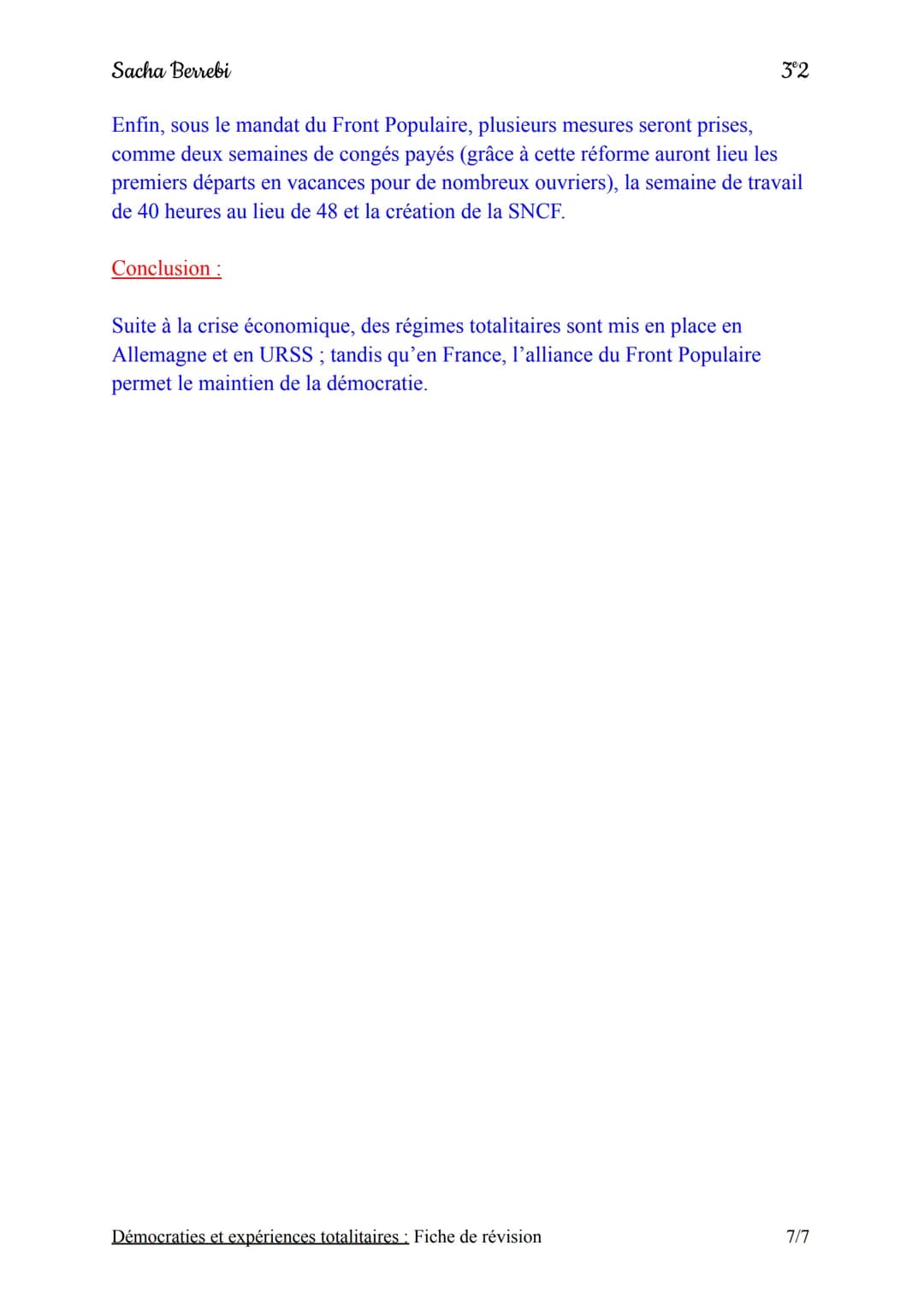 Sacha Berrebi
Chapitre nº2 : Démocraties et expériences totalitaires
Fiche de révision
Introduction:
A la suite de la guerre de 1918, une cr