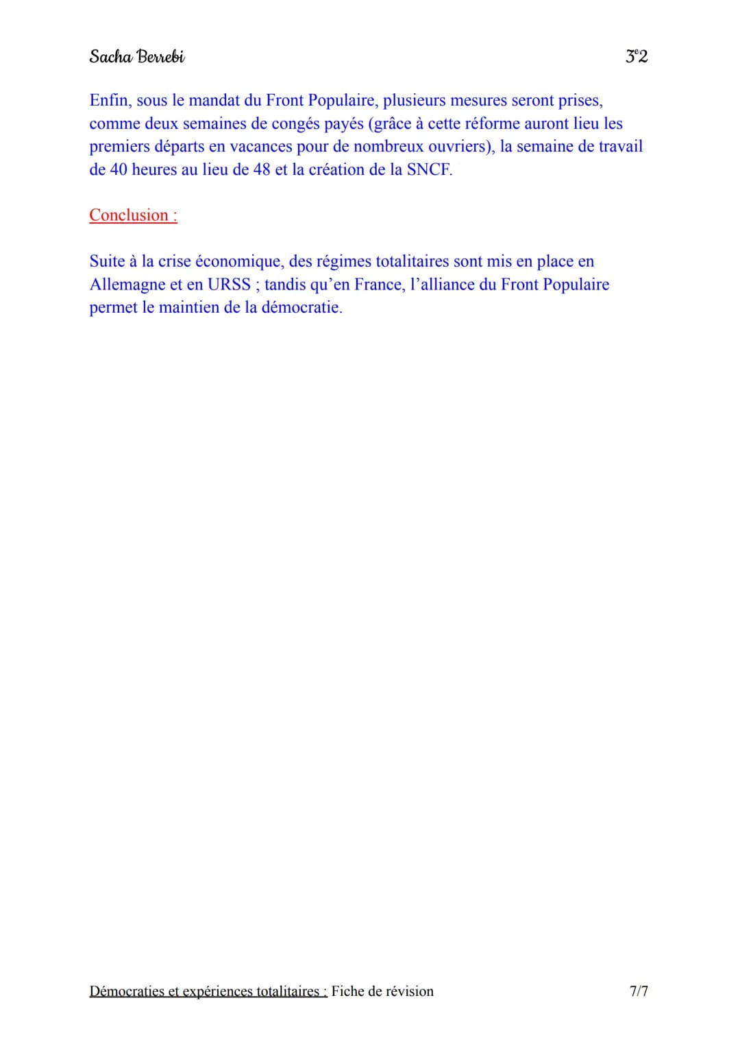 Sacha Berrebi
Chapitre nº2 : Démocraties et expériences totalitaires
Fiche de révision
Introduction:
A la suite de la guerre de 1918, une cr