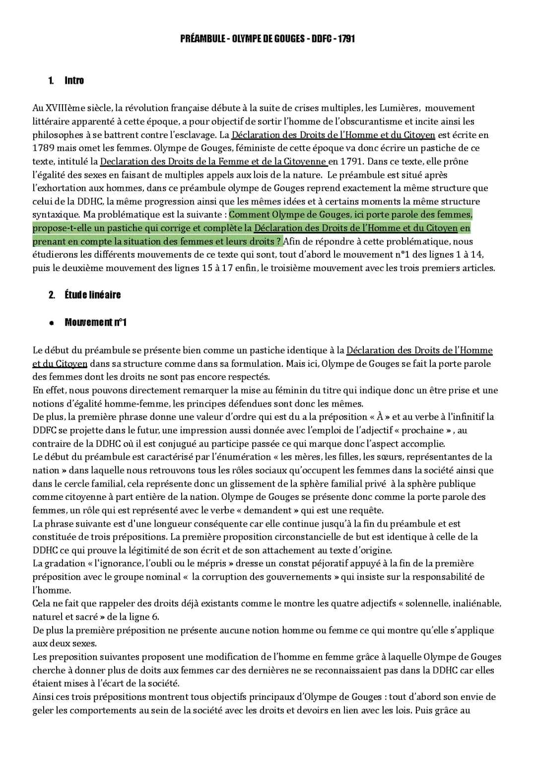 Préambule Olympe de Gouges: Analyse Linéaire et PDF