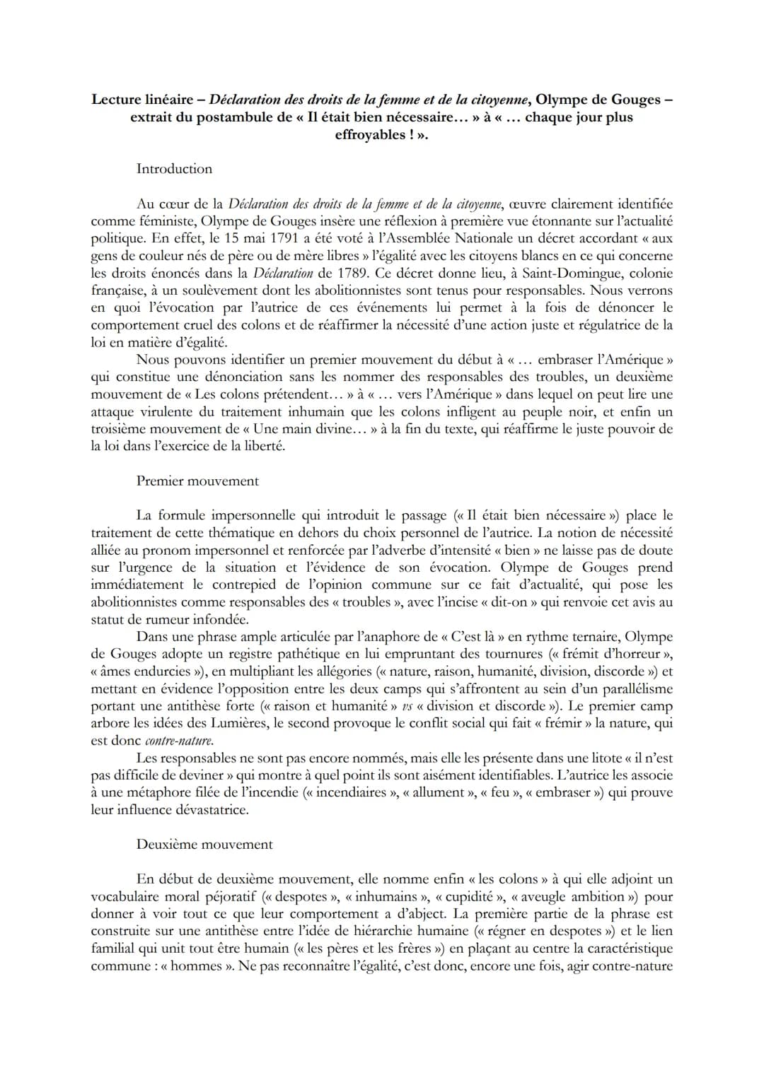 Lecture linéaire - Déclaration des droits de la femme et de la citoyenne, Olympe de Gouges -
extrait du postambule de « Il était bien nécess