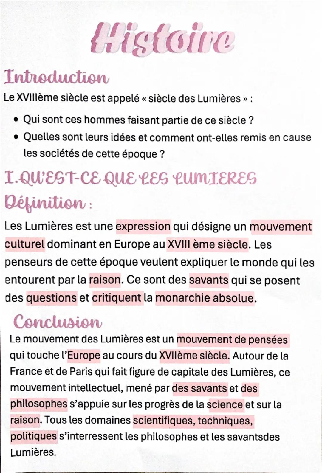 Histoire
Introduction
Le XVIIIème siècle est appelé « siècle des Lumières >> :
• Qui sont ces hommes faisant partie de ce siècle ?
• Quelles