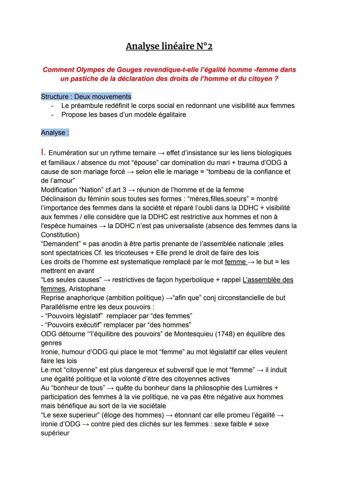 Analyse linéaire N°2
Comment Olympes de Gouges revendique-t-elle l'égalité homme-femme dans
un pastiche de la déclaration des droits de l'ho