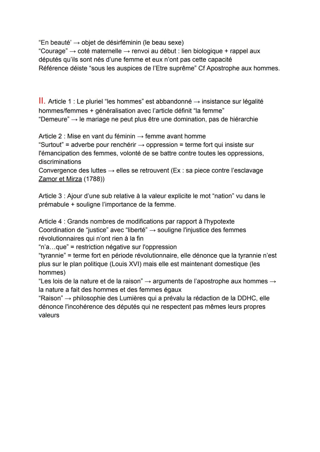 Analyse linéaire N°2
Comment Olympes de Gouges revendique-t-elle l'égalité homme-femme dans
un pastiche de la déclaration des droits de l'ho
