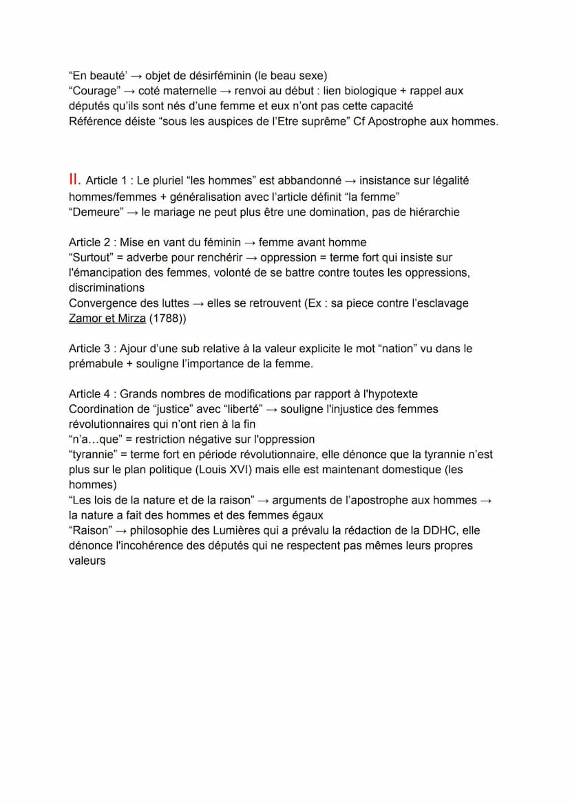 Analyse linéaire N°2
Comment Olympes de Gouges revendique-t-elle l'égalité homme-femme dans
un pastiche de la déclaration des droits de l'ho