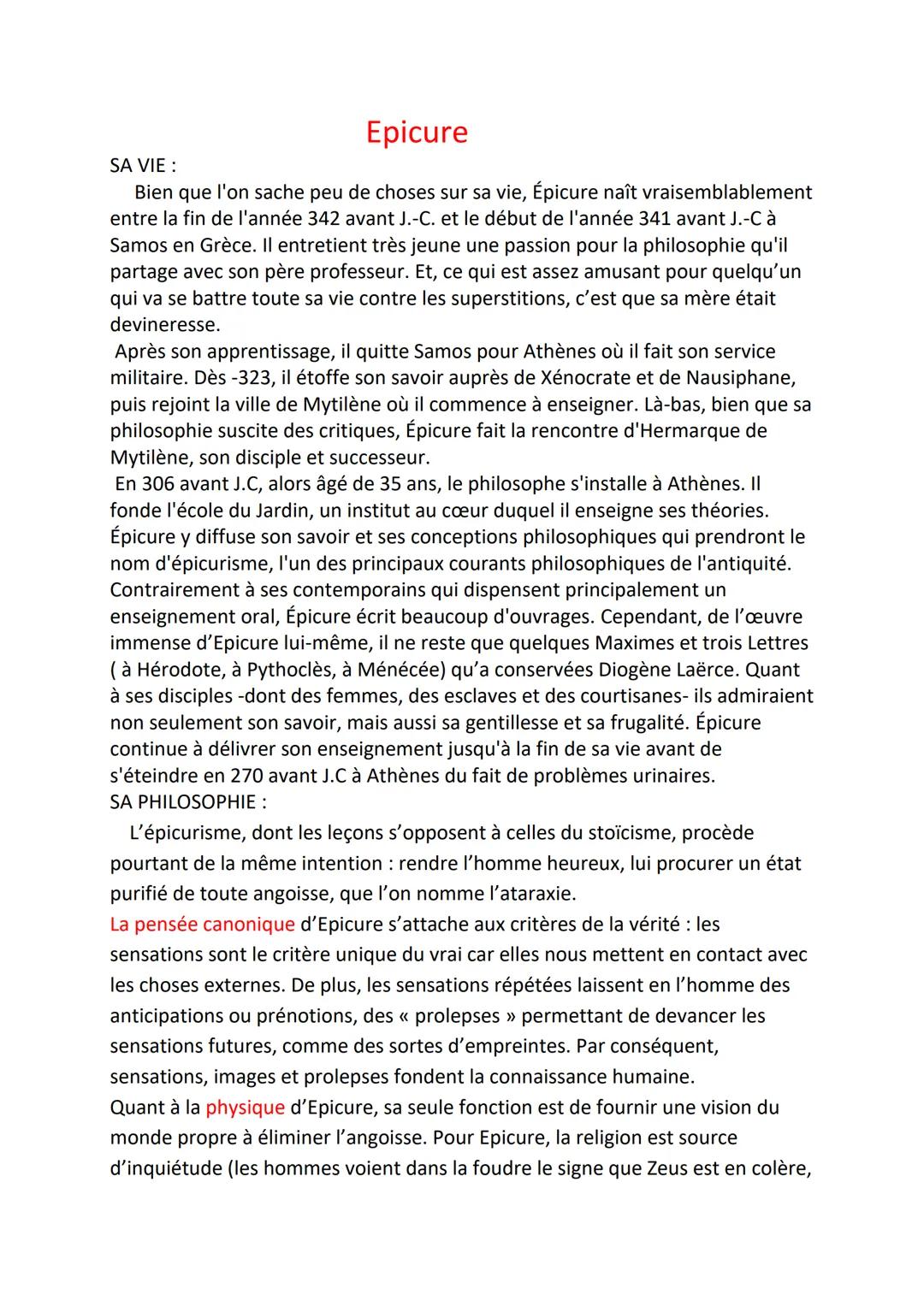 Epicure

SA VIE :

Bien que l'on sache peu de choses sur sa vie, Épicure naît vraisemblablement
entre la fin de l'année 342 avant J.-C. et l