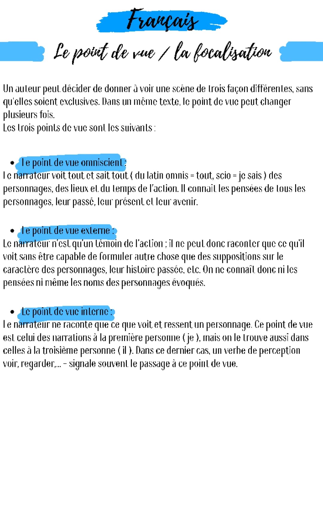 Les Points de Vue Narratifs et Focalisations - Cours et Exemples PDF