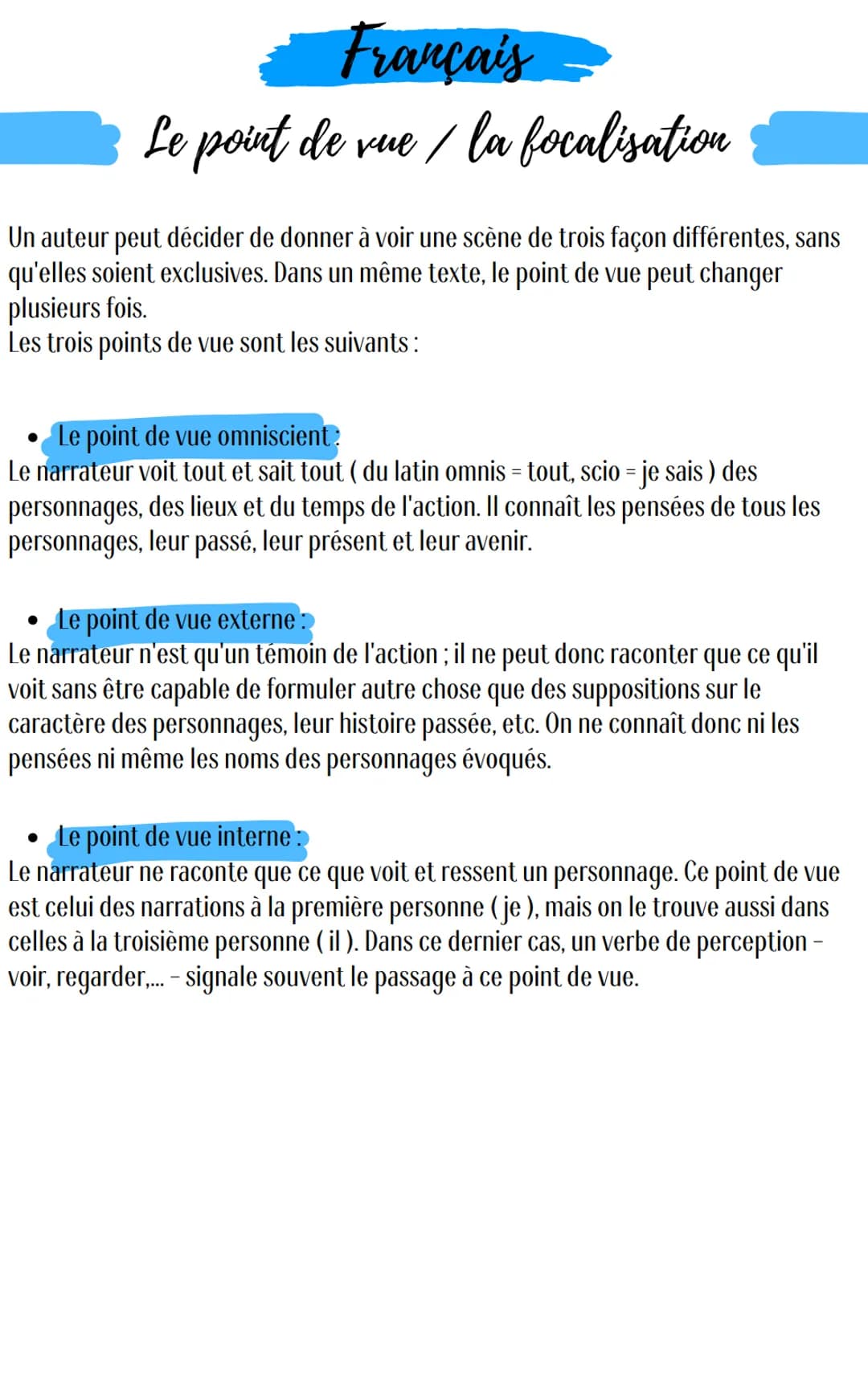 Français-
Le point de vue / la focalisation
Un auteur peut décider de donner à voir une scène de trois façon différentes, sans
qu'elles soie