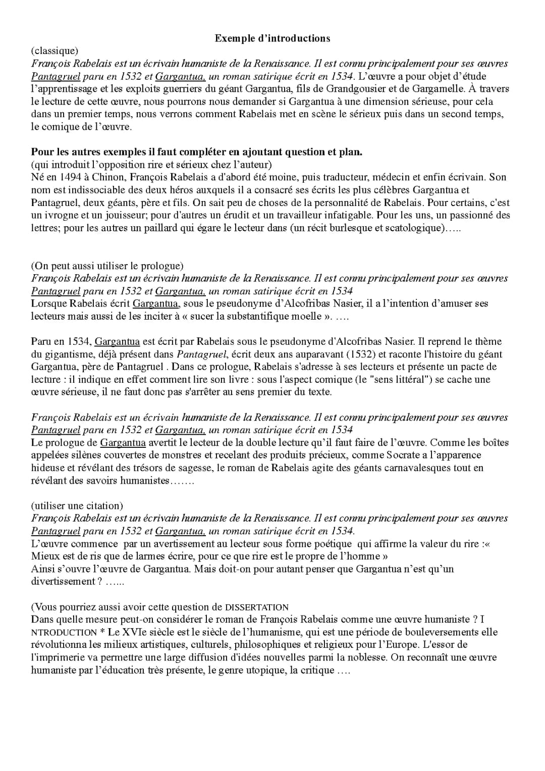 Sujets et Corrigés de Dissertation sur Gargantua et François Rabelais