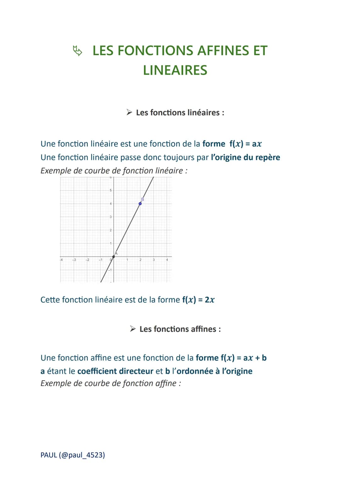 LES FONCTIONS AFFINES ET
LINEAIRES
➤ Les fonctions linéaires :
Une fonction linéaire est une fonction de la forme f(x) = ax
Une fonction lin