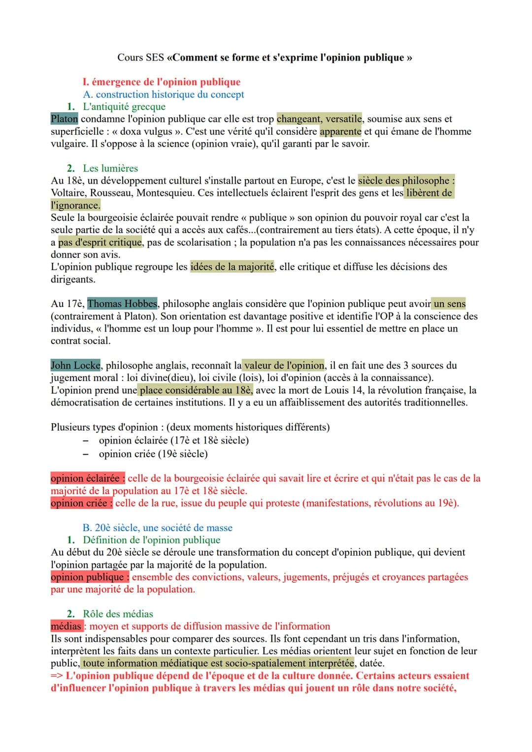 Cours SES <<Comment se forme et s'exprime l'opinion publique >>
I. émergence de l'opinion publique
A. construction historique du concept
1. 