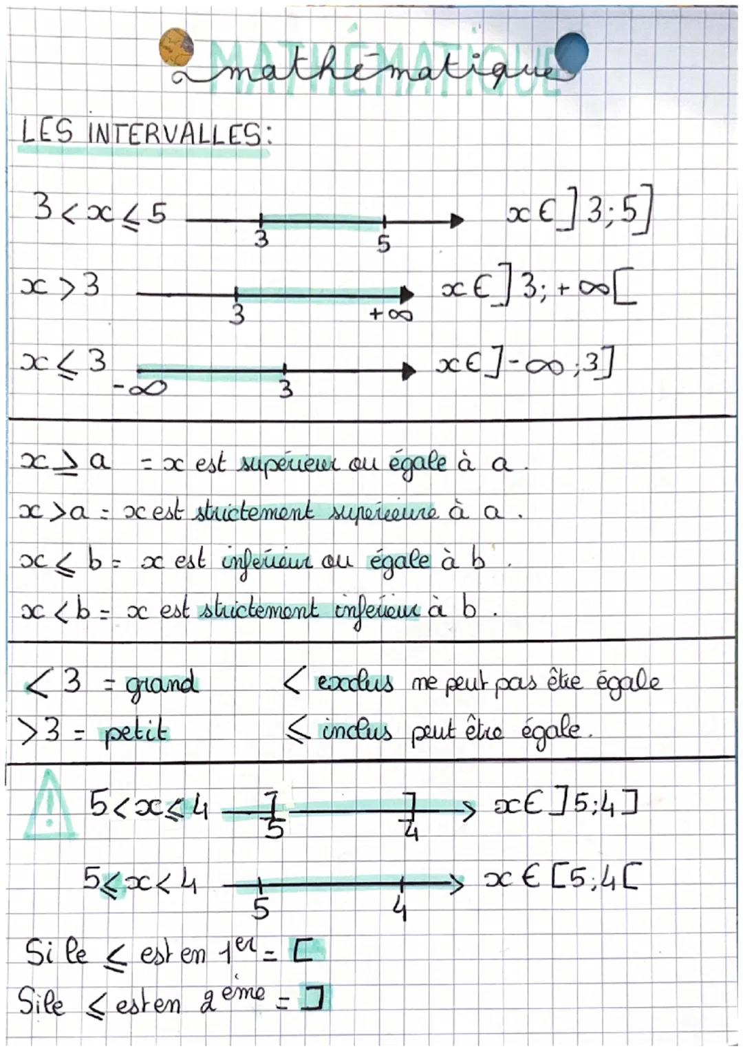 amathématiques
LES INTERVALLES:
3<x<5
x > 3
x <3
3
<3 = grand
>3= petit
A
+3
3
+10.
5<x<4- 1
560024
Si le < est en jer = [
Sile <esten geme
