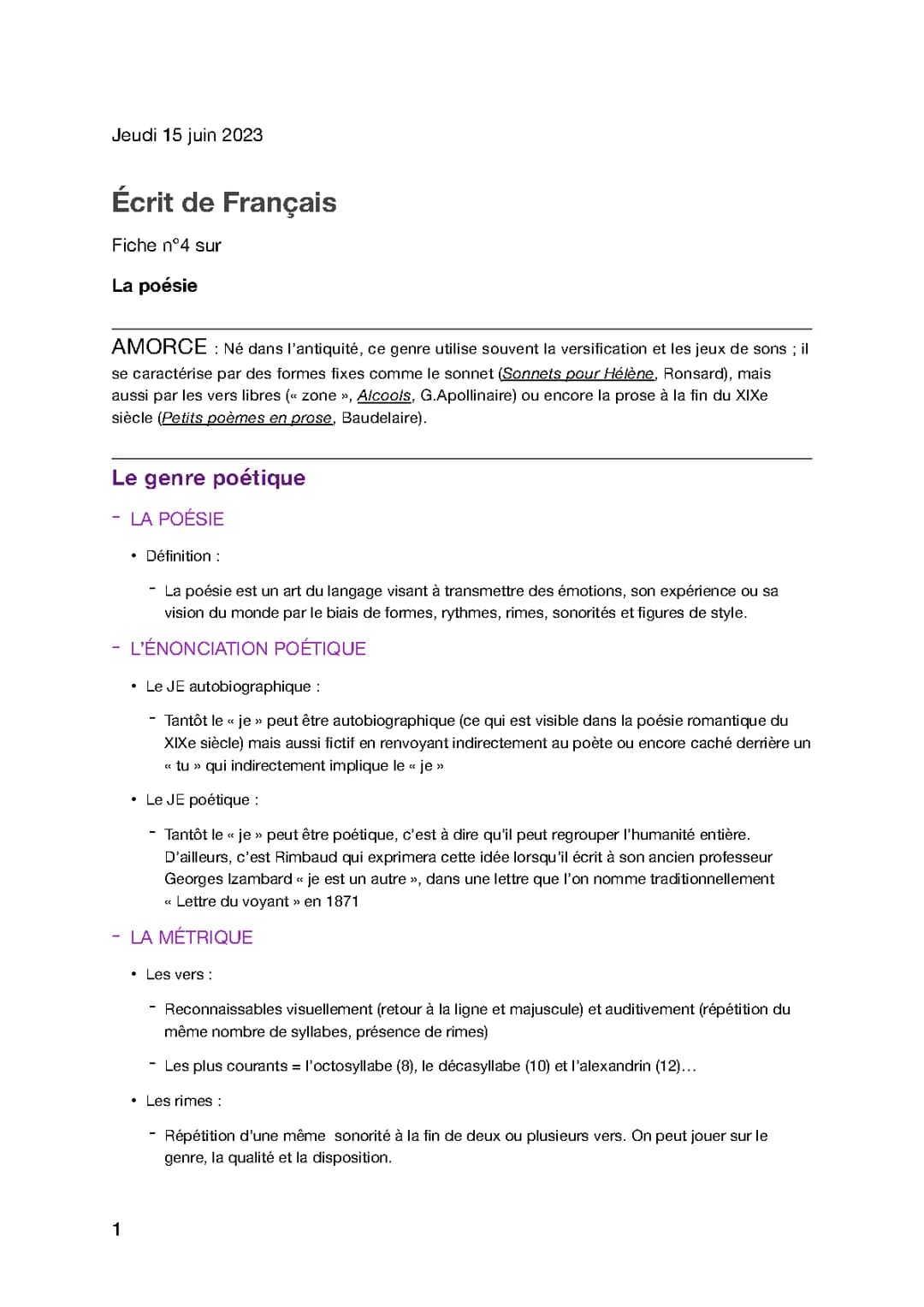 Fiche sur la poésie 