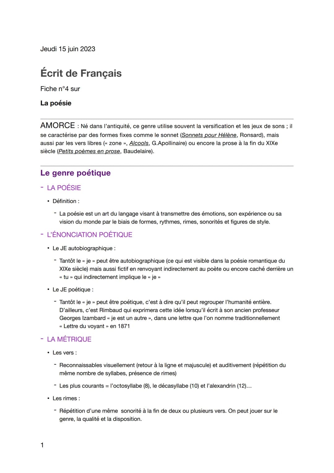 Jeudi 15 juin 2023
Écrit de Français
Fiche n°4 sur
La poésie
AMORCE: Né dans l'antiquité, ce genre utilise souvent la versification et les j
