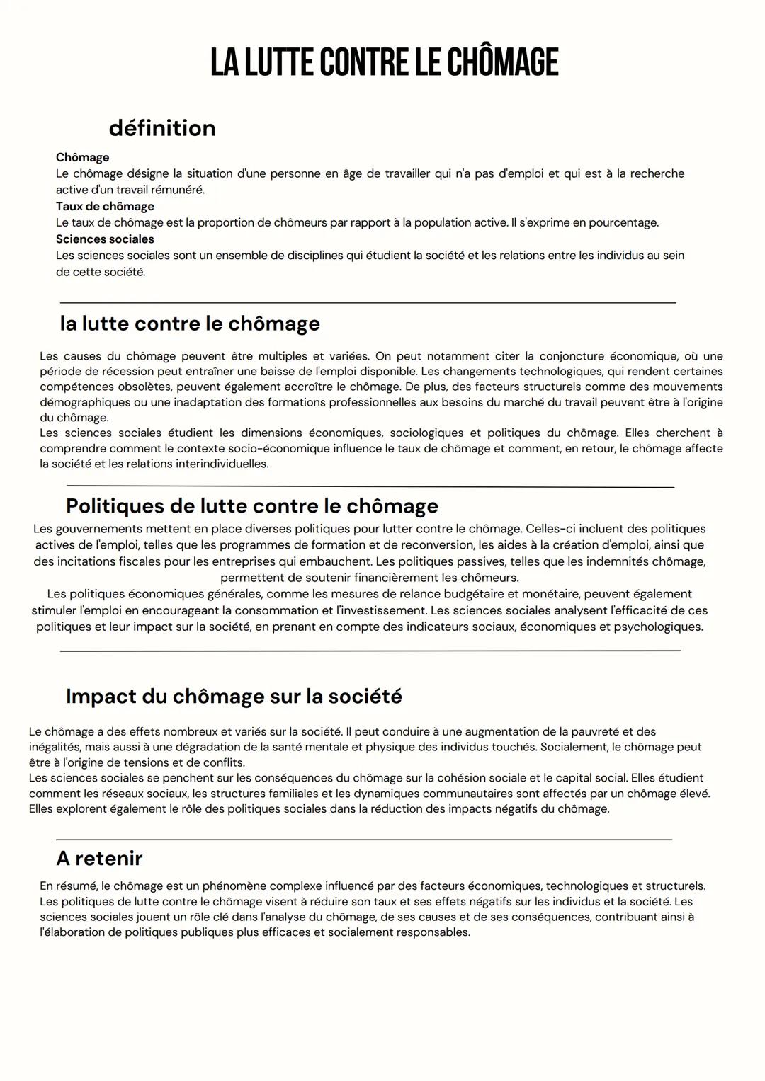 --- OCR Start ---
définition
Chômage
LA LUTTE CONTRE LE CHÔMAGE
Le chômage désigne la situation d'une personne en âge de travailler qui n'a 
