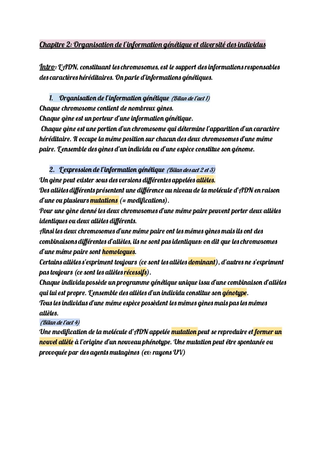 Organisation de l'information génétique et diversité des individus