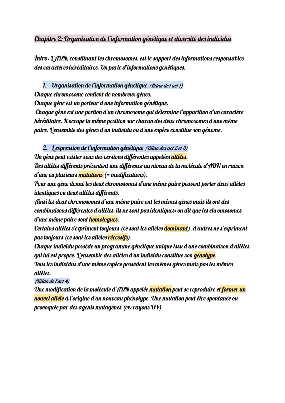 Chapitre 2: Organisation de l'information génétique et diversité des individus
Intro: L'ADN, constituant les chromosomes, est le support des