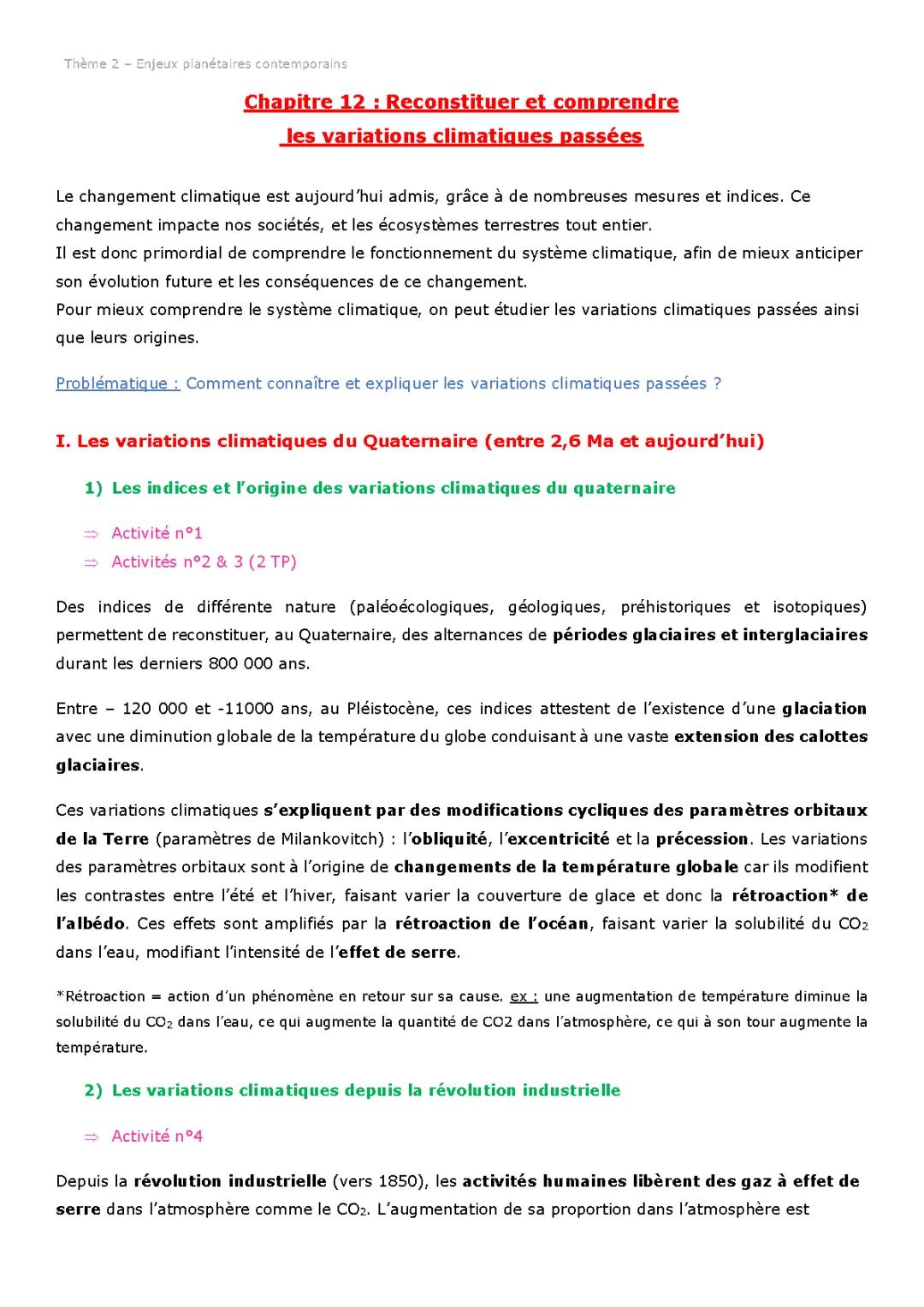 Reconstituer et comprendre les variations climatiques passées - Climat du passé SVT Terminale