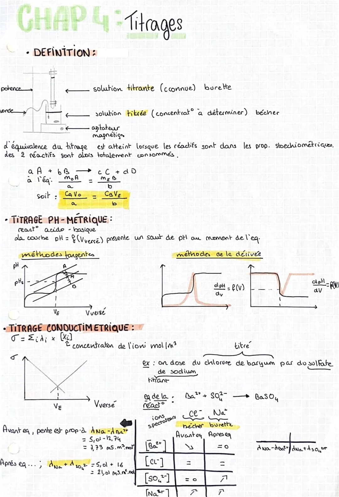 CHAP 4 Tirages
Ч
DEFINITION:
potence
Ronde
d'équivalence du titrage est atteint lorsque les réactifs sont dans les prop. stoechiométriques.
