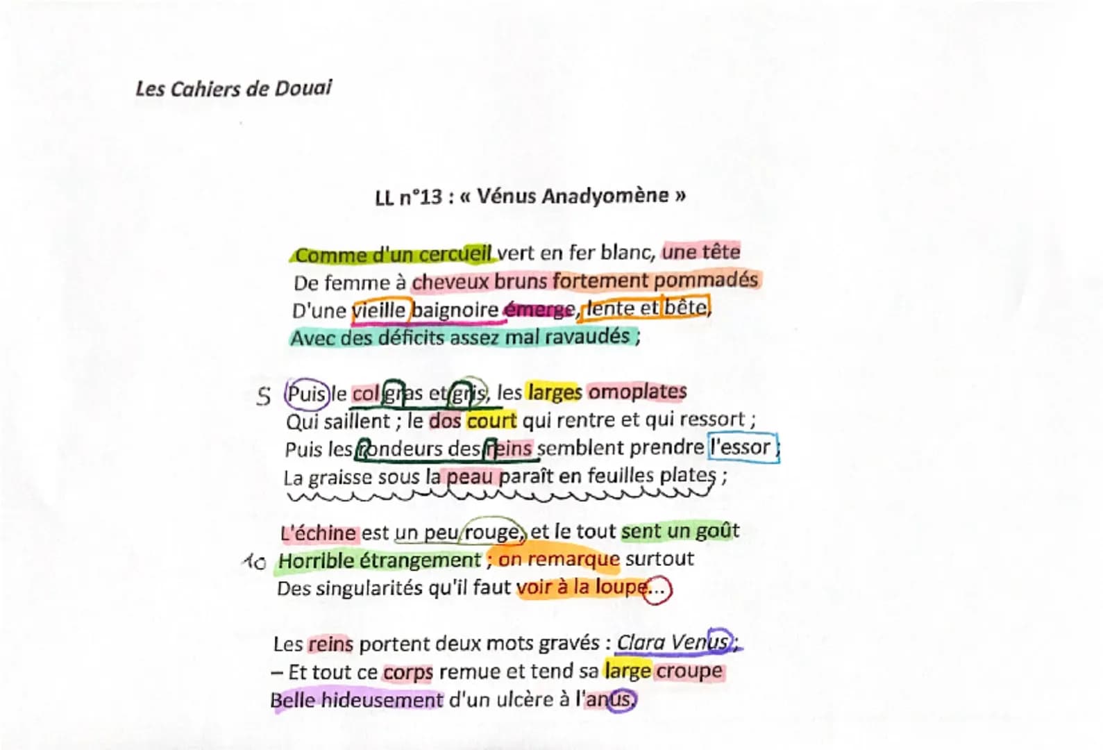 Les Cahiers de Douai
LL n°13: << Vénus Anadyomène >>
Comme d'un cercueil vert en fer blanc, une tête
De femme à cheveux bruns fortement pomm