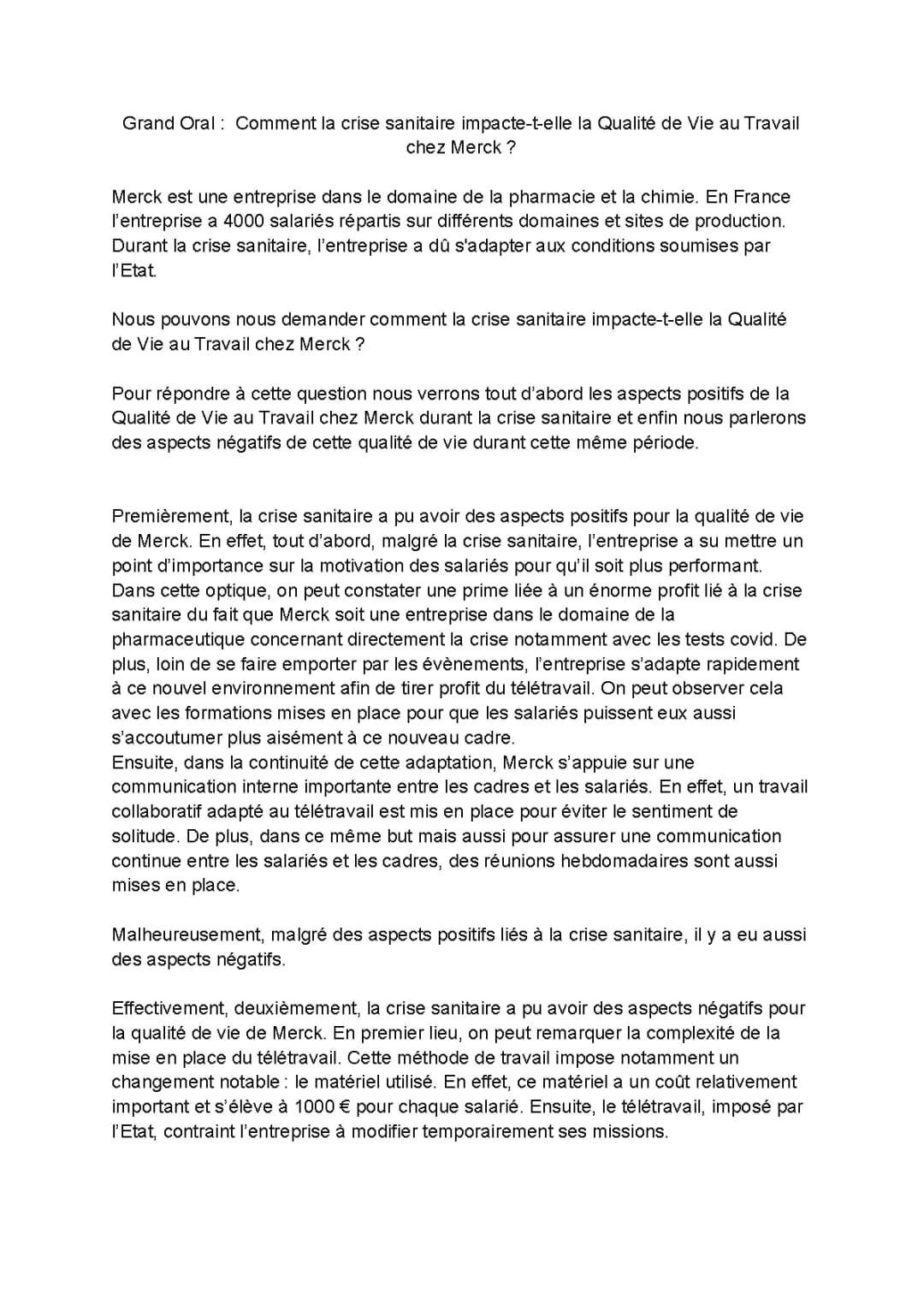 Impact de la Crise Sanitaire sur la Qualité de Vie au Travail : Étude de Cas chez Merck