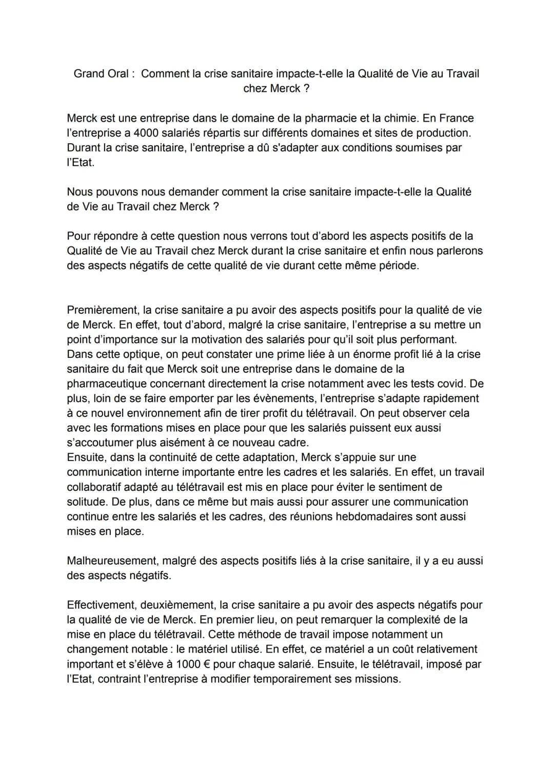 Grand Oral: Comment la crise sanitaire impacte-t-elle la Qualité de Vie au Travail
chez Merck ?
Merck est une entreprise dans le domaine de 