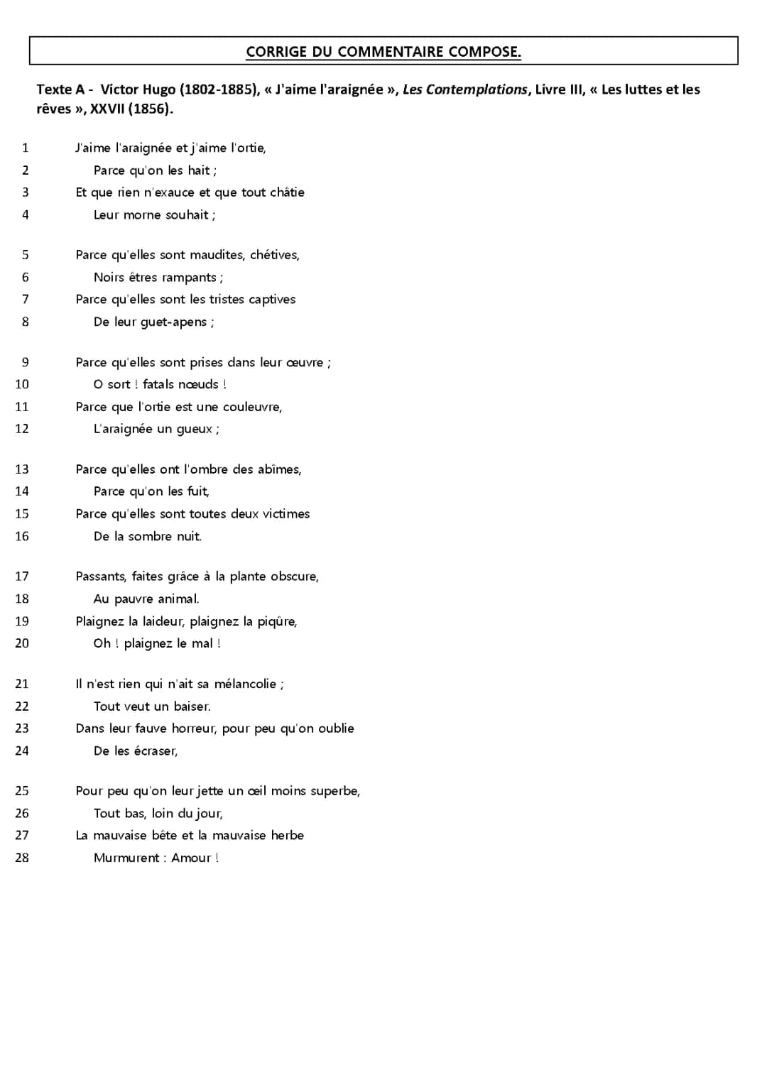 Analyse de J'aime l'araignée et J'aime l'ortie de Victor Hugo - Contemplations PDF