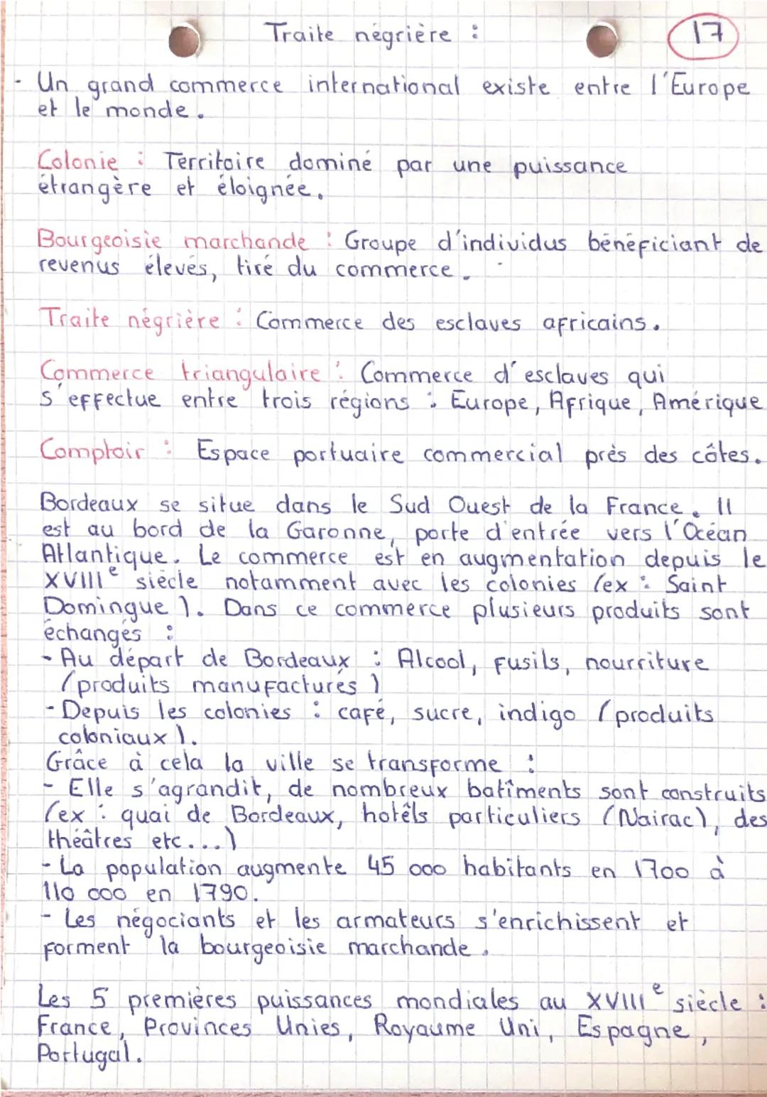 --- OCR Start ---
Traite negrière :
17
Un grand commerce international existe entre l'Europe
et le monde
Colonie : Territoire dominé par une