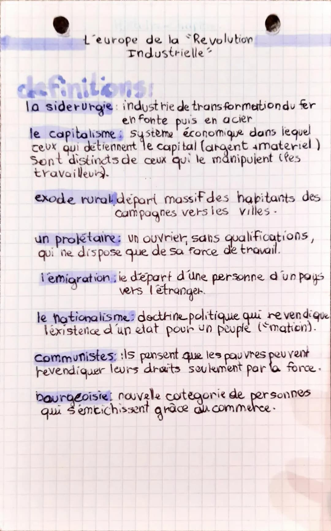 L'europe de la Revolution
Industrielle
definitions:
la siderurgie: industrie de transformation du fer
en fonte puis en acier
le capitalisme 