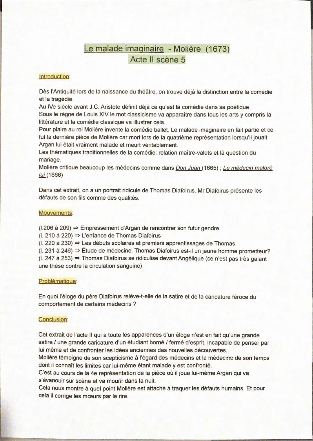 Le Malade imaginaire : Acte 2 Scène 5 Analyse Linéaire et Résumé