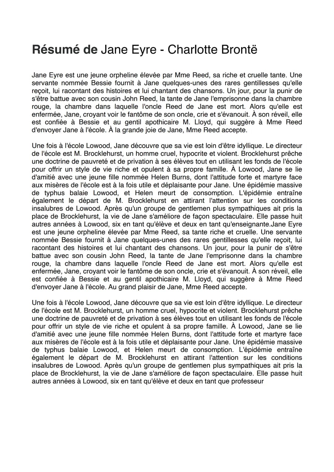 Résumé de Jane Eyre - Charlotte Brontë
Jane Eyre est une jeune orpheline élevée par Mme Reed, sa riche et cruelle tante. Une
servante nommée