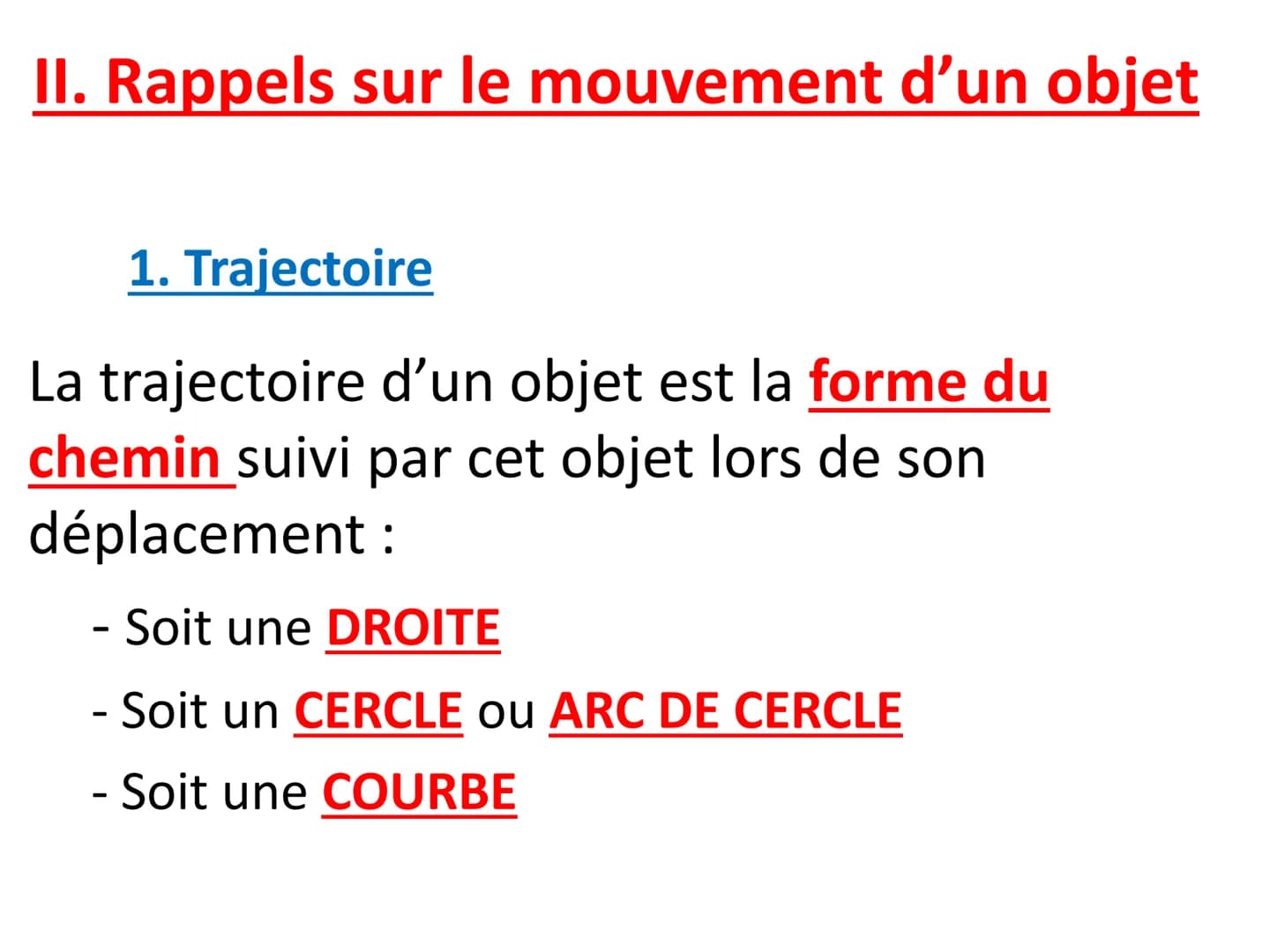 Cours à recopier dans un
nouveau chapitre II. Rappels sur le mouvement d'un objet
1. Trajectoire
La trajectoire d'un objet est la forme du
c