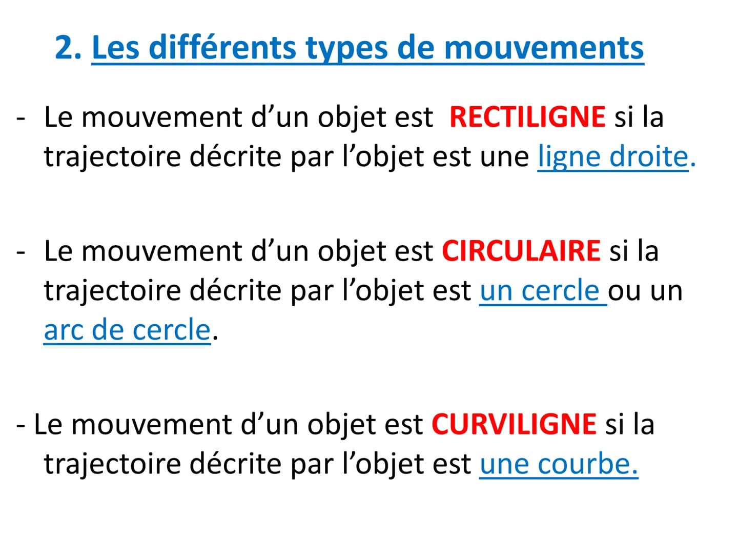 Cours à recopier dans un
nouveau chapitre II. Rappels sur le mouvement d'un objet
1. Trajectoire
La trajectoire d'un objet est la forme du
c