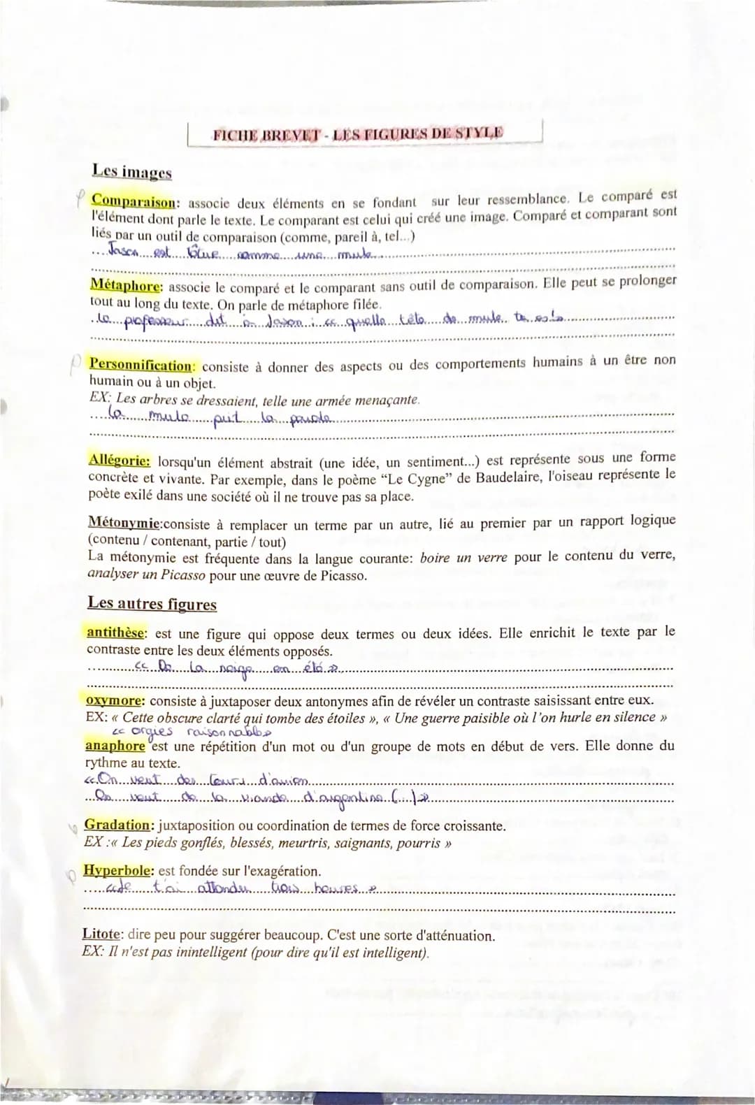 FICHE BREVET-LES FIGURES DE STYLE
Les images
Comparaison: associe deux éléments en se fondant sur leur ressemblance. Le comparé est
l'élémen