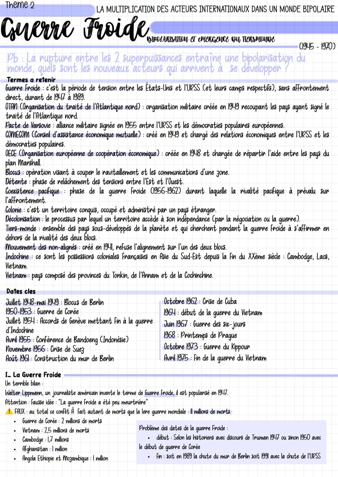 Theme 2
LA MULTIPLICATION DES ACTEURS INTERNATIONAUX DANS UN MONDE BIPOLAIRE
Guerre Froide
BIPOLARISATION ET EMERGENCE DU TIERSMONDE
(1945-1