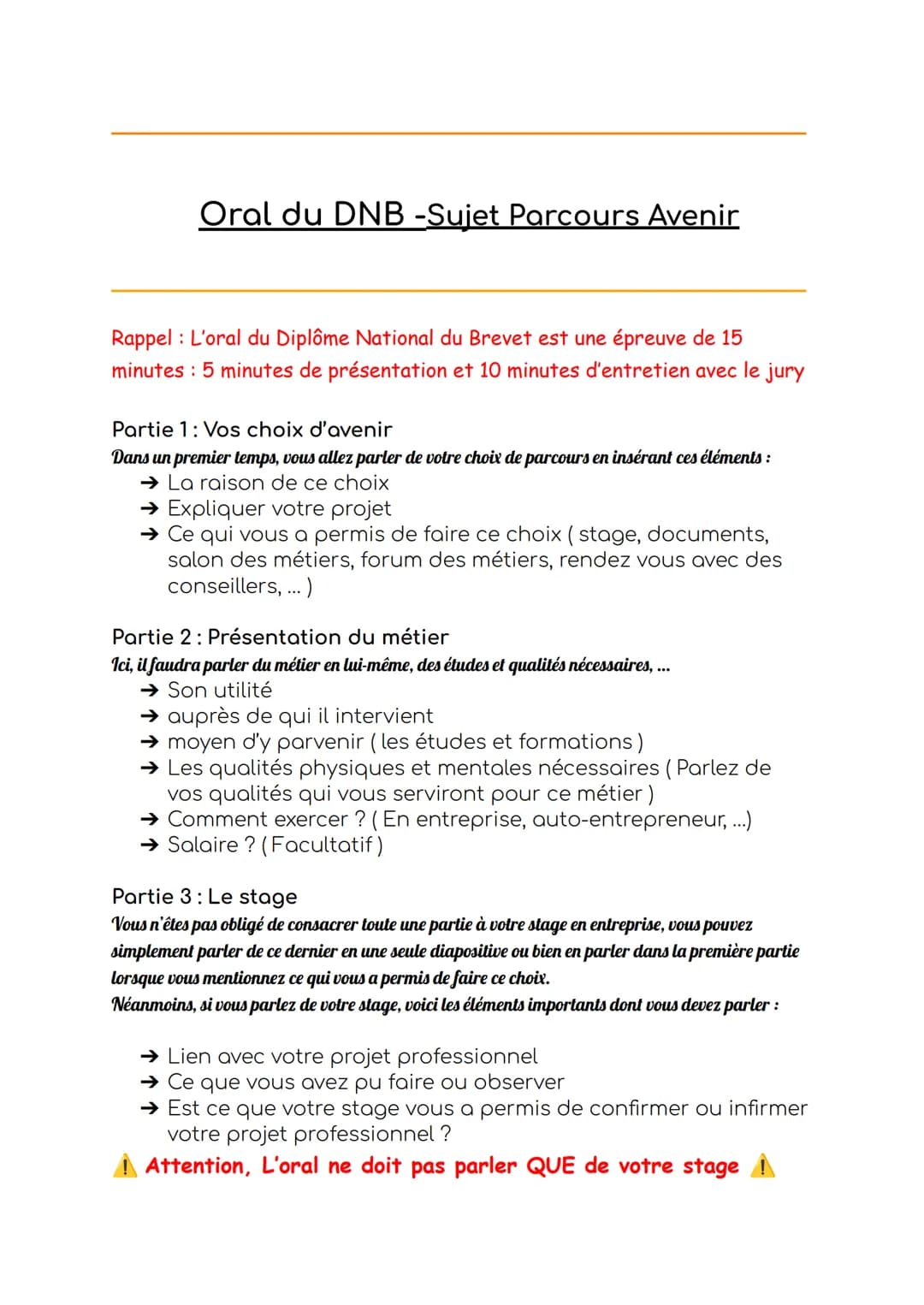 Oral du DNB -Sujet Parcours Avenir
Rappel L'oral du Diplôme National du Brevet est une épreuve de 15
minutes : 5 minutes de présentation et 