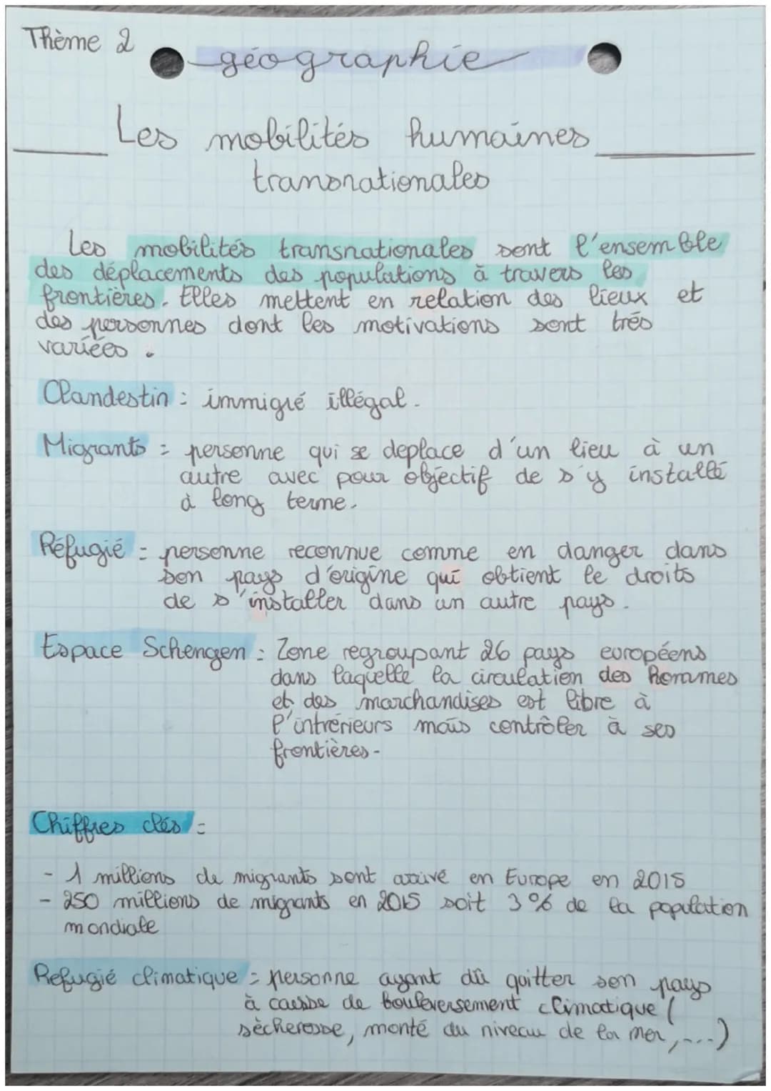 Thème 2
geographie
Les mobilités humaines
transnationales
Les mobilités transnationales sont l'ensemble
des déplacements des populations à t