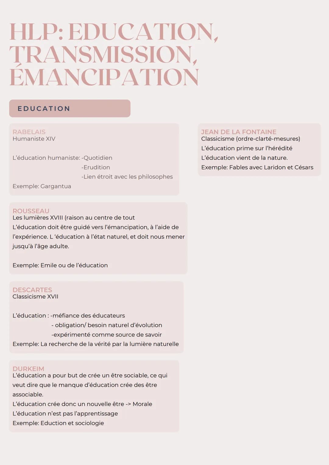 HLP: EDUCATION,
TRANSMISSION,
EMANCIPATION
EDUCATION
RABELAIS
Humaniste XIV
L'éducation humaniste: -Quotidien
-Erudition
-Lien étroit avec l