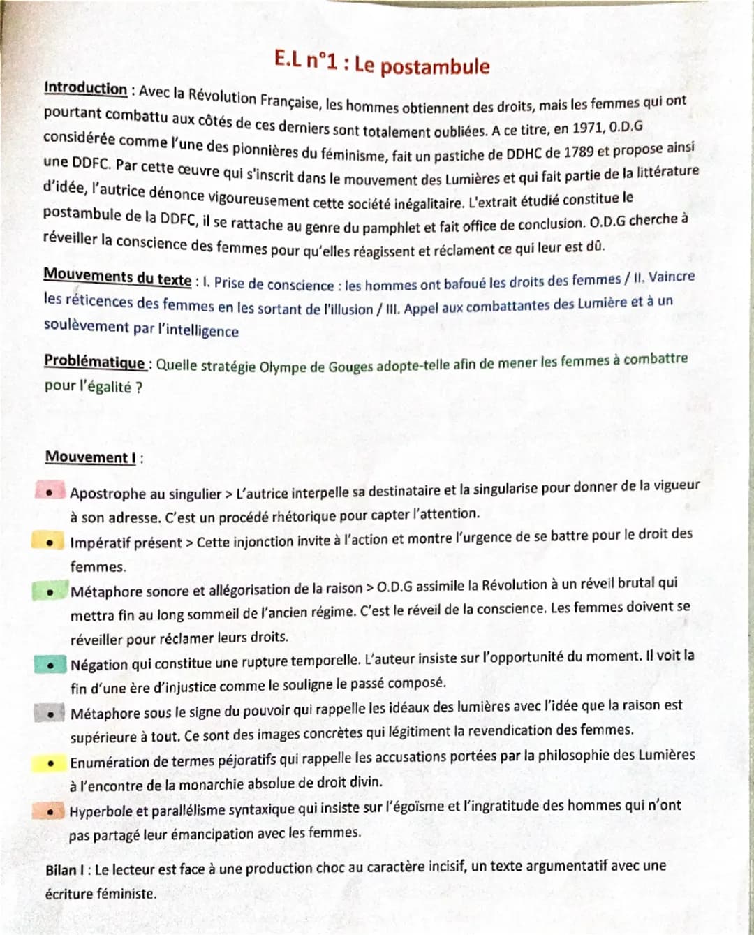 E.L n°1: Le postambule
Introduction: Avec la Révolution Française, les hommes obtiennent des droits, mais les femmes qui ont
pourtant combat