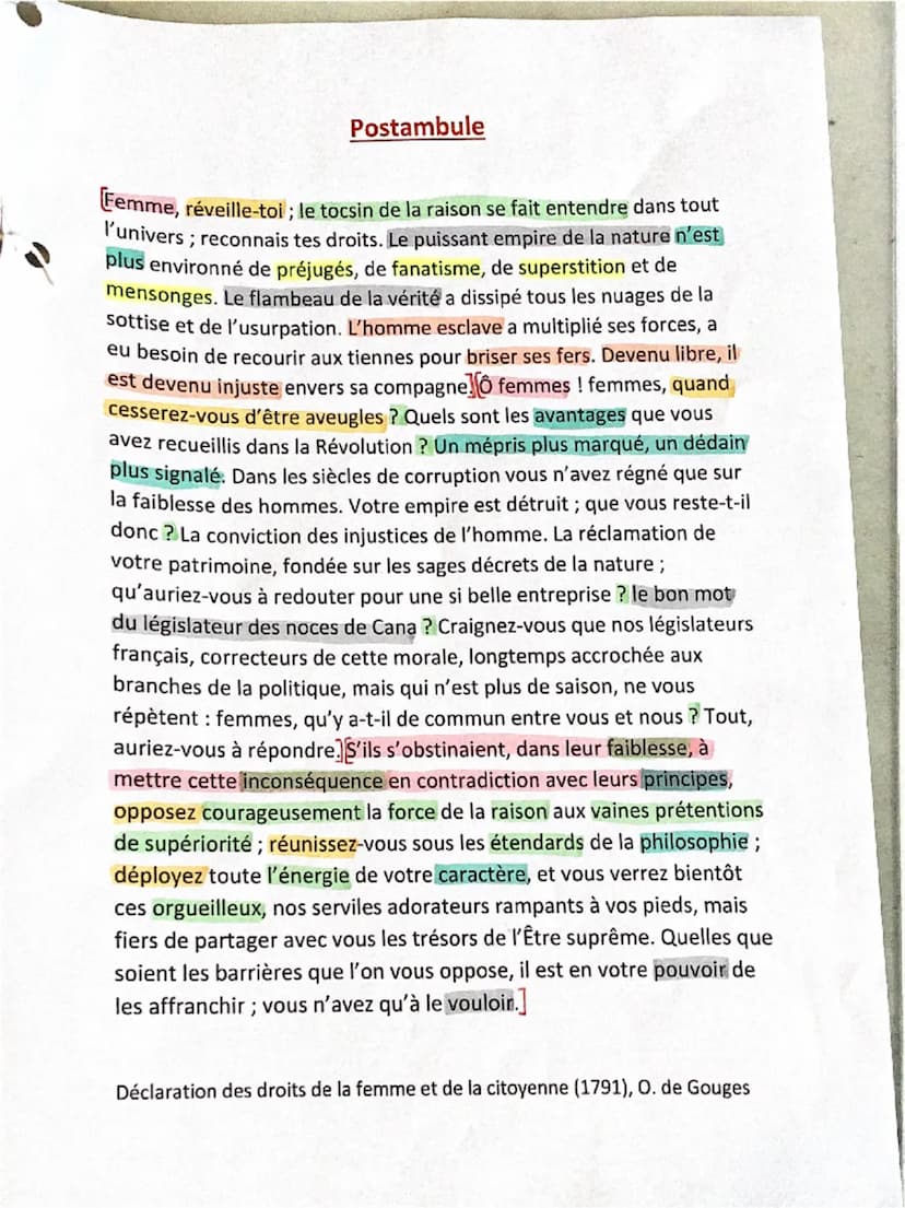 E.L n°1: Le postambule
Introduction: Avec la Révolution Française, les hommes obtiennent des droits, mais les femmes qui ont
pourtant combat