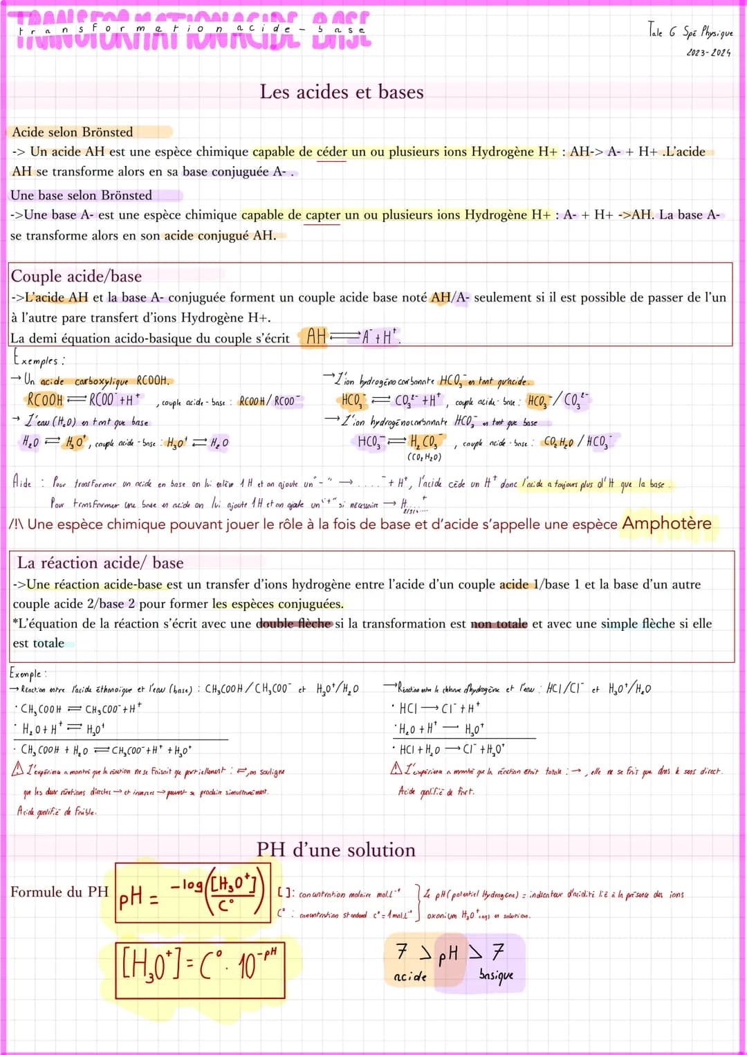 Fransformatio n
acide
Acide selon Brönsted
-> Un acide AH est une espèce chimique capable de céder un ou plusieurs ions Hydrogène H+ : AH-> 