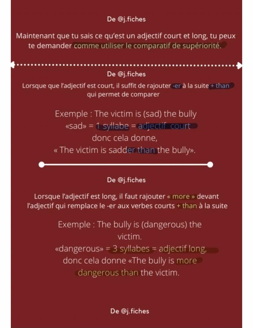 
<p>Pour utiliser le comparatif de supériorité, il faut observer l'adjectif utilisé. Il existe 2 types d'adjectifs :</p>
<h2 id="adjectifsco