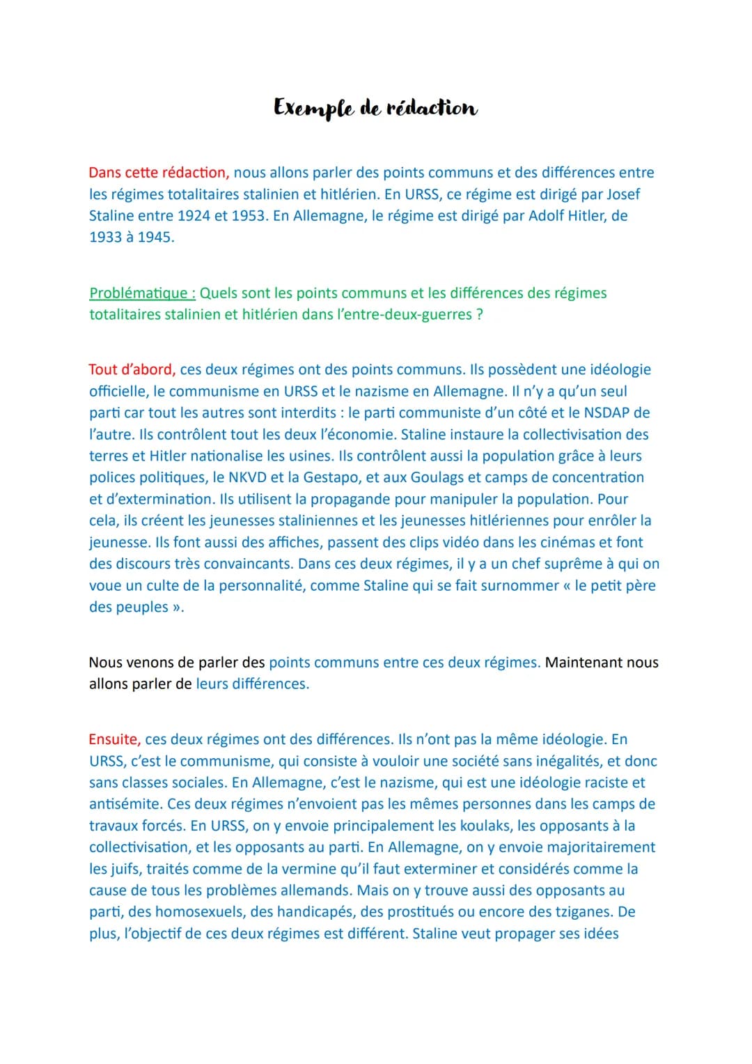 Exemple de rédaction
Dans cette rédaction, nous allons parler des points communs et des différences entre
les régimes totalitaires stalinien