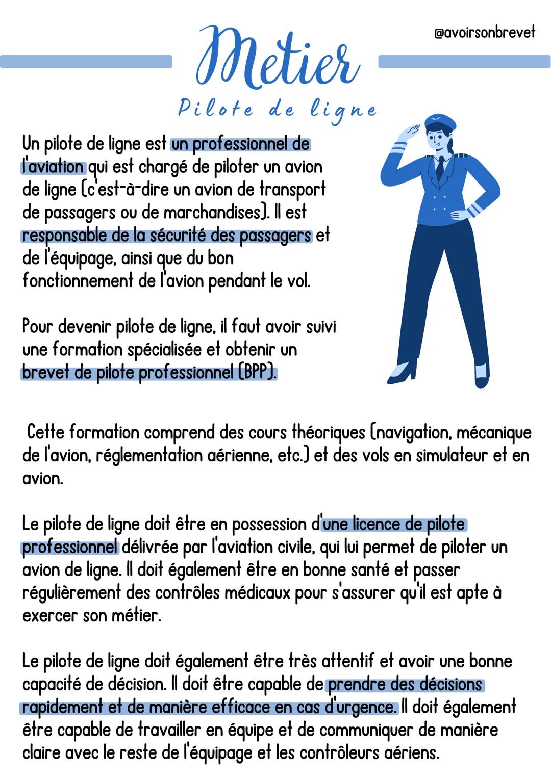 # Metier
Pilote de ligne

Un pilote de ligne est un professionnel de
l'aviation qui est chargé de piloter un avion
de ligne (c'est-à-dire un