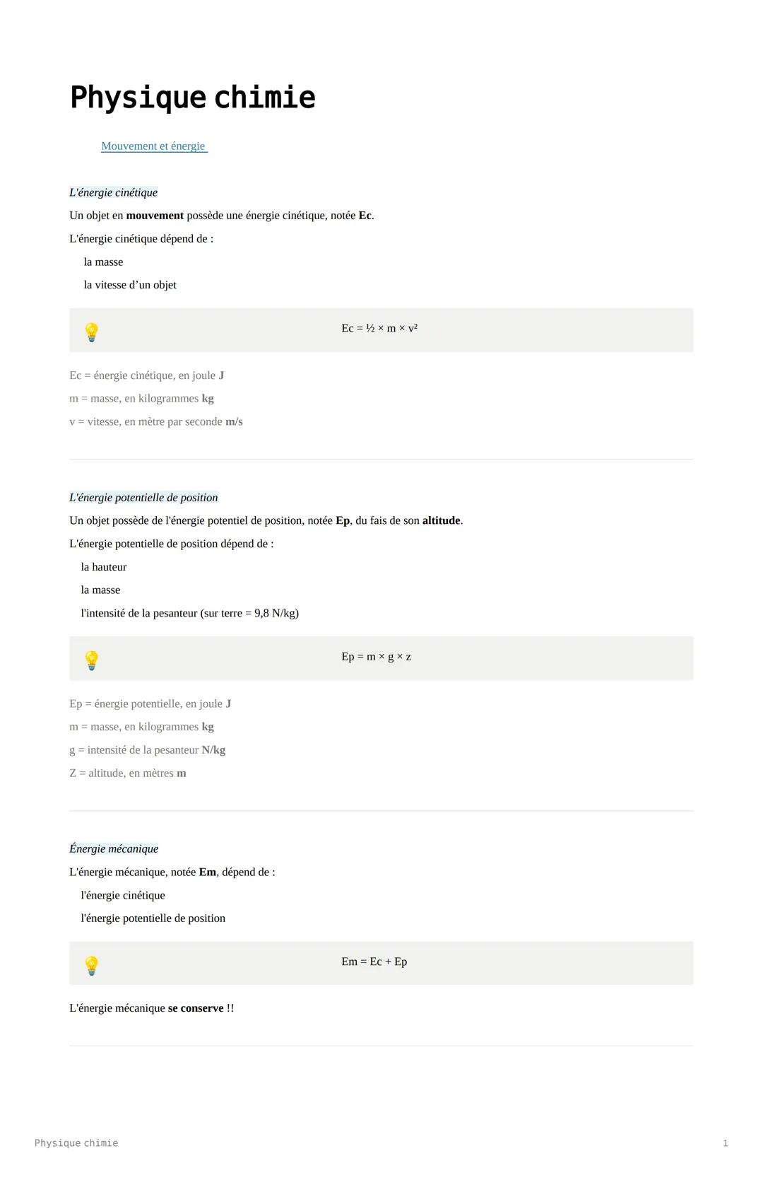 # Physique chimie

Mouvement et énergie

L'énergie cinétique

Un objet en mouvement possède une énergie cinétique, notée Ec.

L'énergie ciné