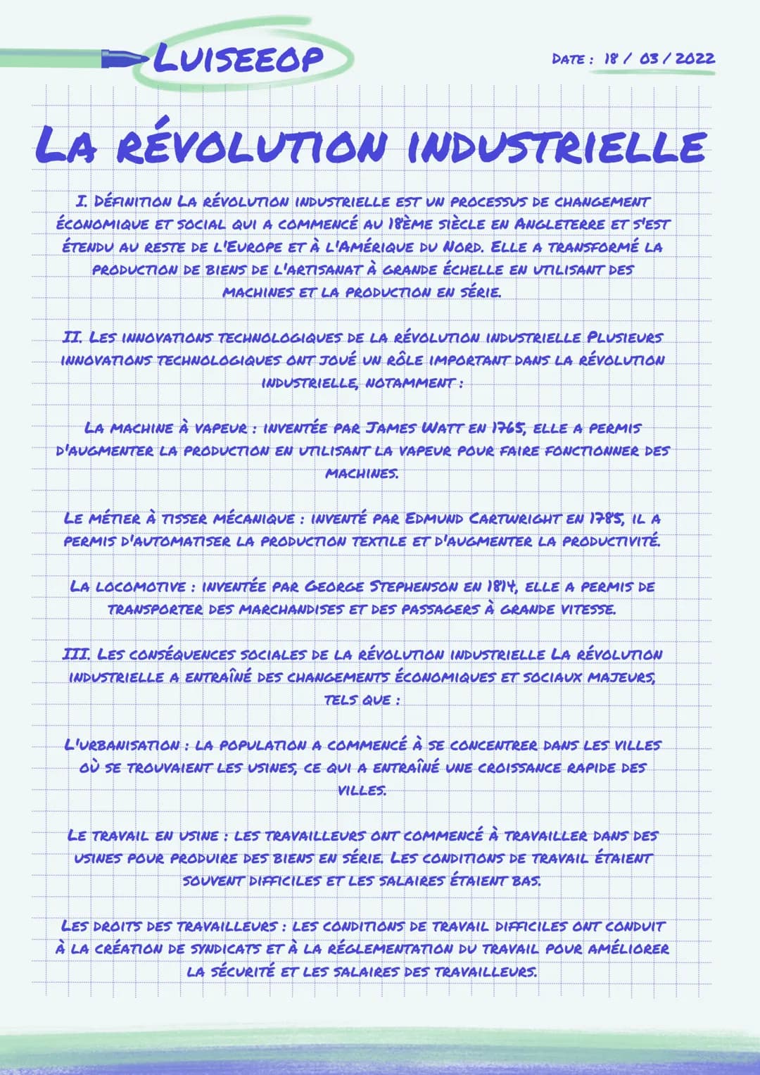 LUISEEOP
LA RÉVOLUTION INDUSTRIELLE
I. DÉFINITION LA RÉVOLUTION INDUSTRIELLE EST UN PROCESSUS DE CHANGEMENT
ÉCONOMIQUE ET SOCIAL QUI A COMME