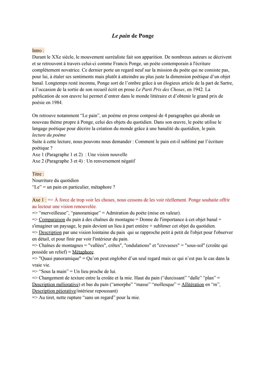 Analyse linéaire Le pain de Ponge