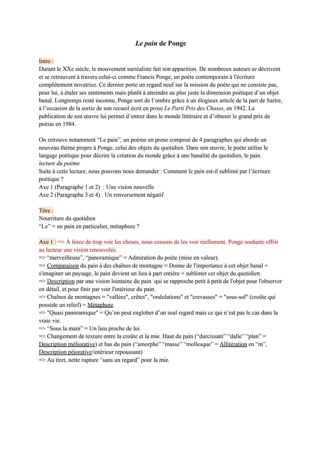 Le pain de Ponge
Intro :
Durant le XXe siècle, le mouvement surréaliste fait son apparition. De nombreux auteurs se décrivent
et se retrouve